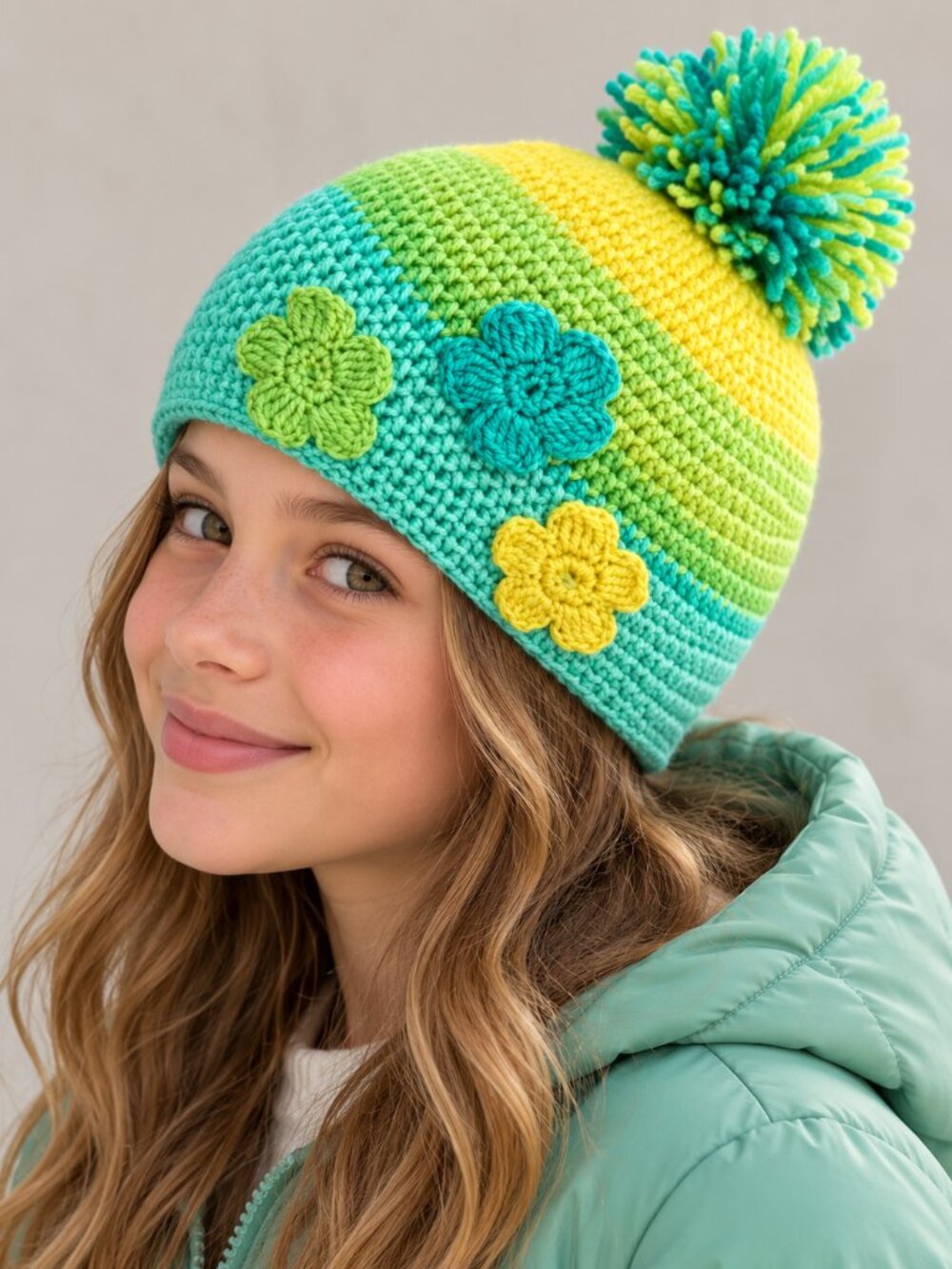 Handmade Crochet Girls Beanie Hat Floral Pom Pom Yellow Mint Green Ages 4-8